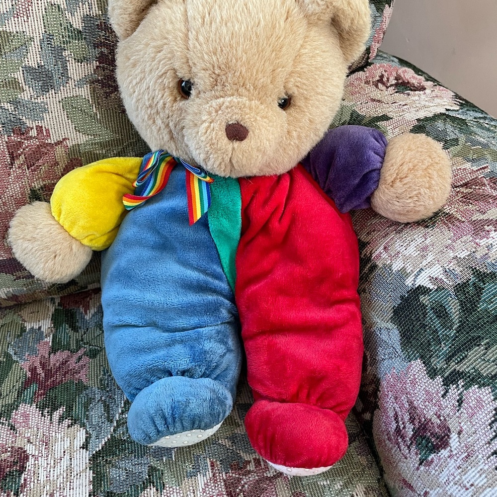Vintage Eden Rainbow Teddy Bear Plush 13" Velour Primary Colors Stuffed Toy